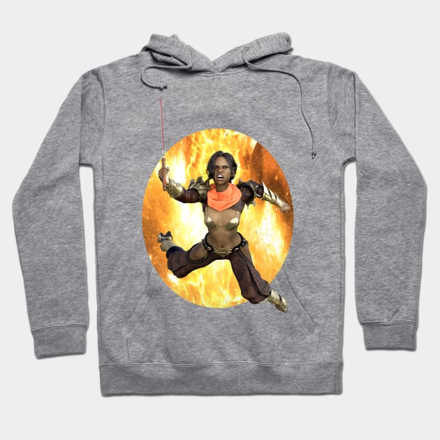 Warrior woman leaping from flames sword and armor Hoodie by Fantasyart123